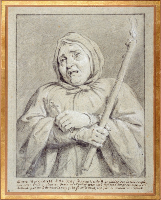 Mary Margaret of Aubrey Jean Restout (1692-1768). "Marie Marguerite d'Aubray, marquise de Brinvilliers, eut la tête coupée, son corps brûlé en Place de Grève le 16 juillet 1676". Dessin. Paris, musée Carnavalet.