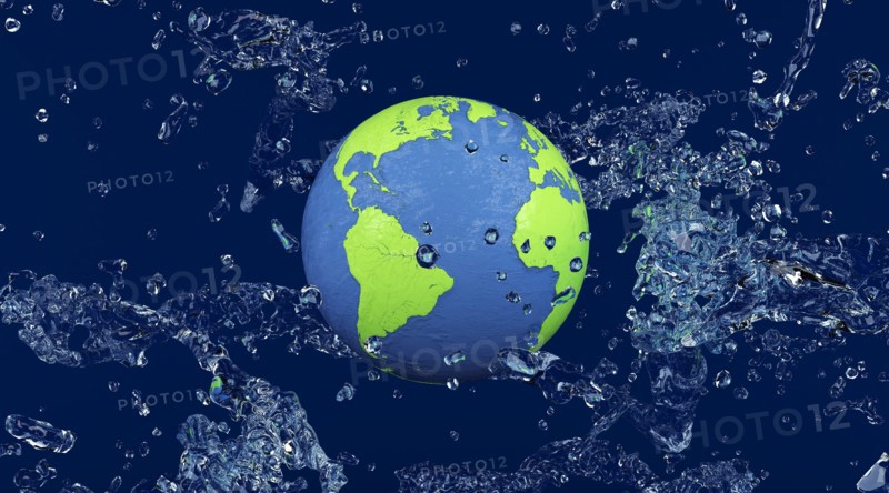 World Ocean Day splash water around the earth globe. Planet earth on background of water splashes, illustration for world oceans day. 3d illustration.