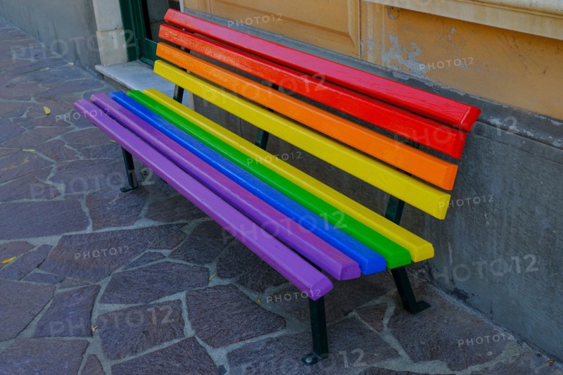 colorful rainbow bench in the park close-up. LGBTQ in the city concept. Social concept