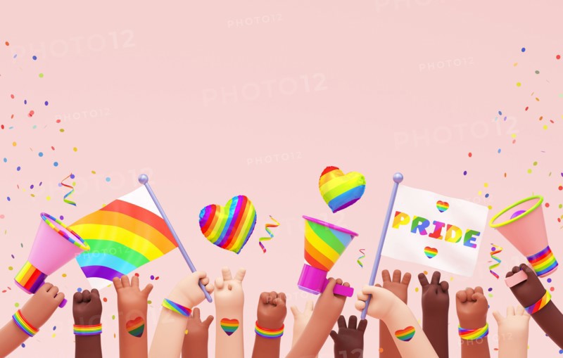 Pride festive banner background with multi ethnic hands, flags, megaphones and copy space for LGBTQIA+ Pride month, love diversity celebration and the