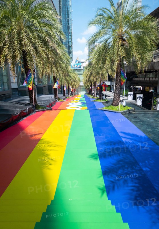 Gay rainbow flag decorated on street on LGBT pride month in Bangkok.