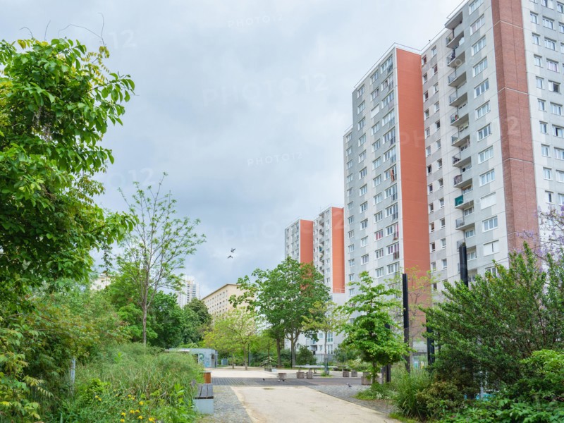 Paris, France - May 12th 2023: Green spaces between housing blocks close to Riquet