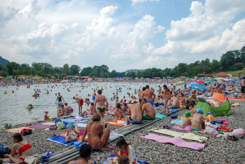 Tuzla, Bosnia and Herzegovina: Pannonian Lakes Complex. Overcrowded open swimming pools during peak of tourist season. Panonska jezera.