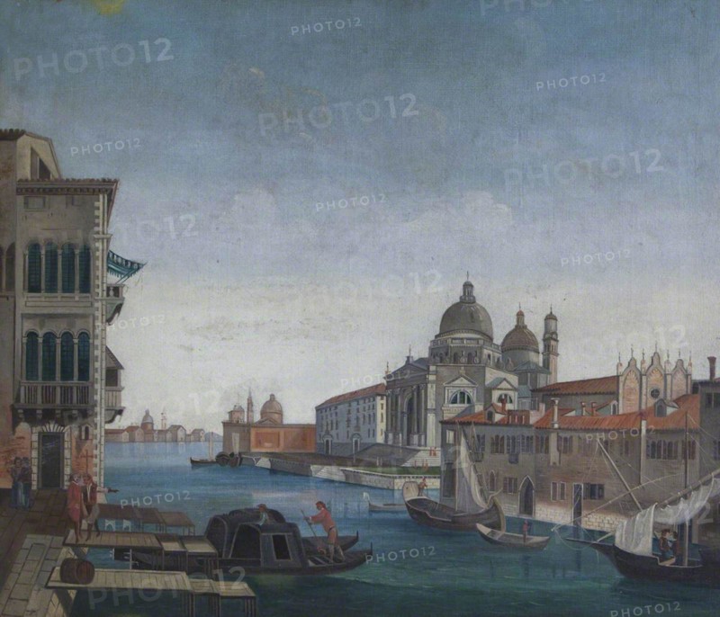 This oil painting, attributed to an imitator of Canaletto, depicts the iconic entrance to the Grand Canal in Venice, with the Santa Maria della Salute church prominently featured. The work, dating from the 19th century, captures Venice's architectural grandeur and the bustling waterways that define its cityscape.