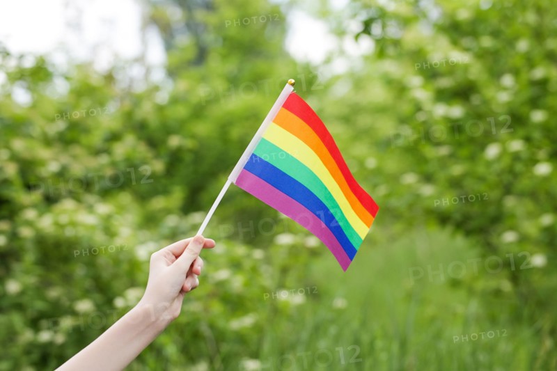 Teenager Holds Rainbow Flag LGBT in his Hands on Nature Background. Pride Month. Lesbian Gay Bisexual Transgender. Love, human rights, tolerance