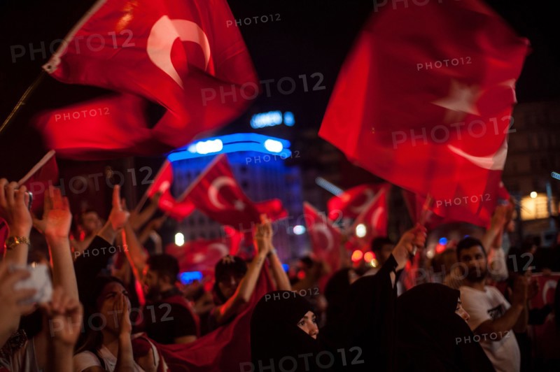 Istanbul, Turkey. July 19th 2016 Turkish pro government supporters in Taksim square waving flags celebrating a failed attempted coup on July 15th