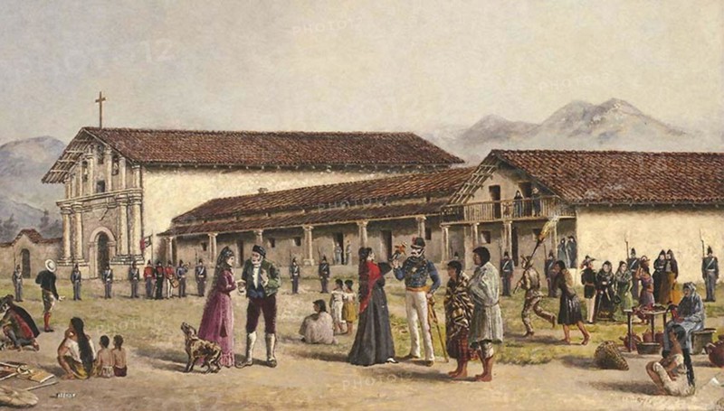 This cropped 19th-century photograph, taken by Oriana Day, depicts the Mission San Francisco de Asís, the oldest building in San Francisco. The mission was founded in 1776 and played a central role in the history and development of California. The photo captures the historical importance of this religious landmark.