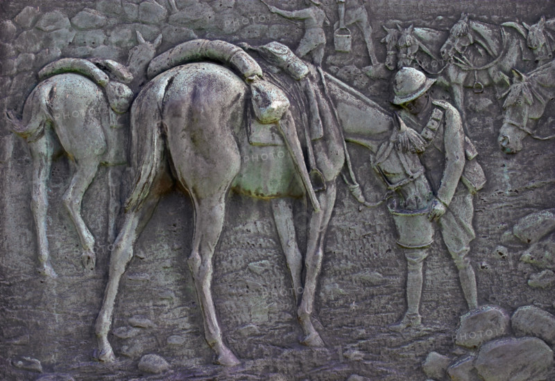 Relief depicting 1915 WW1 soldiers at Syria on a war memorial in Gloucester Gloucestershire England