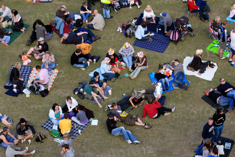 Aerial view of fans lying out in the sunshine at the 2008 Isle of Wight Festival on the Isle of Wight, United Kingdom.