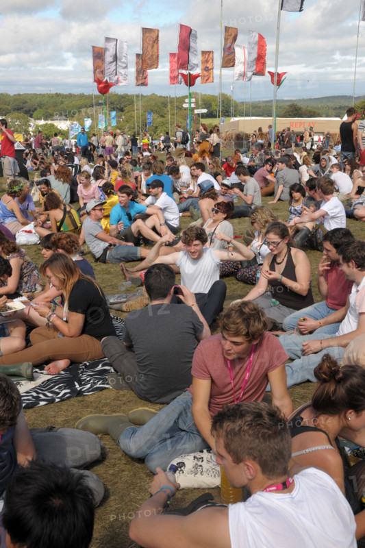 Crowds of music fans at the 2011 Bestival music festival pop concert on the Isle of Wight, England.