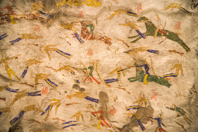 Native American Indian deer hide painting drawing depicting The Battle of the Little Bighorn or Custer's Last Stand.