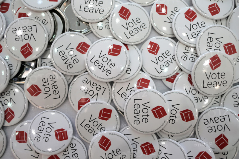 Newcastle Upon Tyne, TYNE AND WEAR/UK - APRIL 16th 2016 - Vote Leave badges at a speech by Mayor of London Boris Johnson.