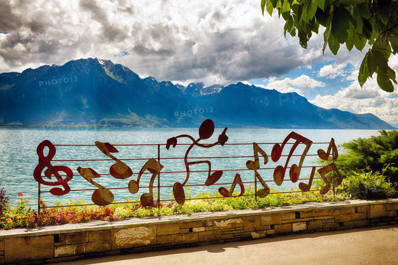 Lakeshore Walkway along Lake Geneva with Musical Notes Fence, Montreux, Vaud Canton, Switzerland