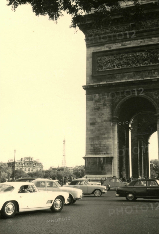 Cars parked at the Arc de Triomphe, Paris, France 1961