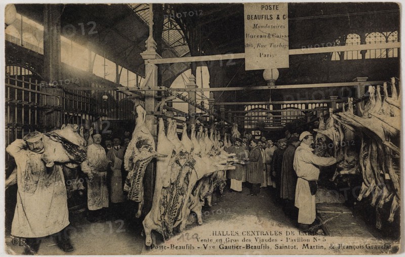 HALLS CENTRAL PARIS. WHOLESALE MEAT (Pavilion No. 5) - POST-BEAUFILS BEAUFILS SVV-GAUTIER, SAINTOT, MARTIN & FRANCOIS Gravelat (RUE BALTARD) E.L.D. Halles Centrales de Paris. Vente en gros des viandes (pavillon n°5 ) - Poste Beaufils-Vve Gautier-Beaufils, Saintot, Martin & François Gravelat, rue Baltard. Paris (Ier arr.). Phototypie. Paris, musée Carnavalet.