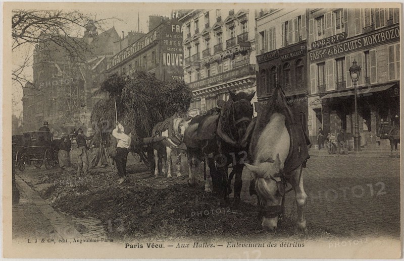 PARIS LIVED - THE HALLS - REMOVAL TRASH (RUE BALARD) L.J. & Compagnie, éditeur Angoulême-Paris. Paris vécu - Aux Halles - Enlèvement des détritus, rue Baltard. Paris (Ier arr.). Phototypie. Paris, musée Carnavalet.