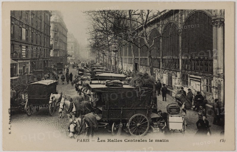 PARIS - THE HALLS CENTRAL THE MORNING (CARS STREET BALTARD) B.F. Paris. Les Halles Centrales le matin. Voitures, rue Baltard. Paris (Ier arr.). Phototypie. Paris. Paris, musée Carnavalet.