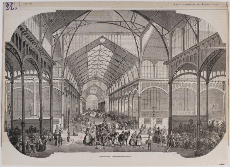 INSIDE VIEW PAVILION CENTRAL HALLS BH Cie / Provost. "Vue intérieure du pavillon central des Halles". Bois de presse gravé. Paris, Musée Carnavalet.