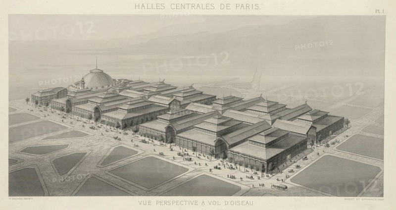Halles centrales de Paris - vue perspective à vol d'oiseau - V. Baltard, Archte ; Huguet et Outhwaite, Gravr.