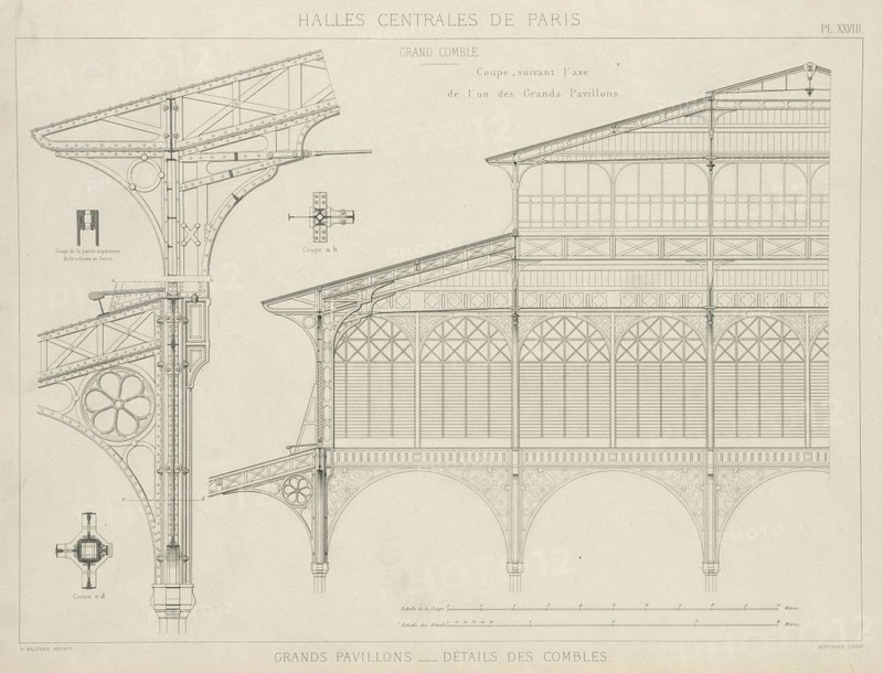 Halles centrales de Paris - grands pavillons - détails des combles - V. Baltard, archte ; Bertrand, gravr.