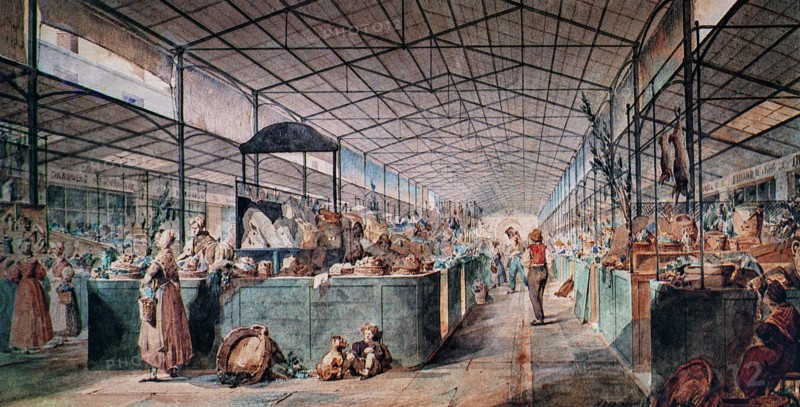 The famous glass and iron structure that housed les Halles, Paris's central fresh food market for over a century designed by Victor Baltard. This illustration by Max Berthelin (1811-1877)