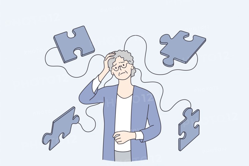 Alzheimer illness disease patients concept. Senior mature woman cartoon character suffering from brain disease and memory loss standing with puzzles f