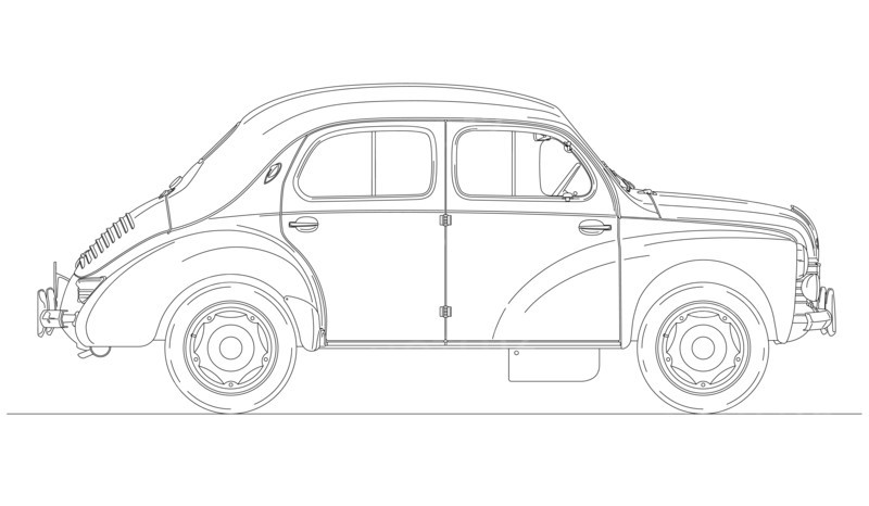 France, year 1947, Renault 4CV vintage car silhouette, outlined, vector illustration
