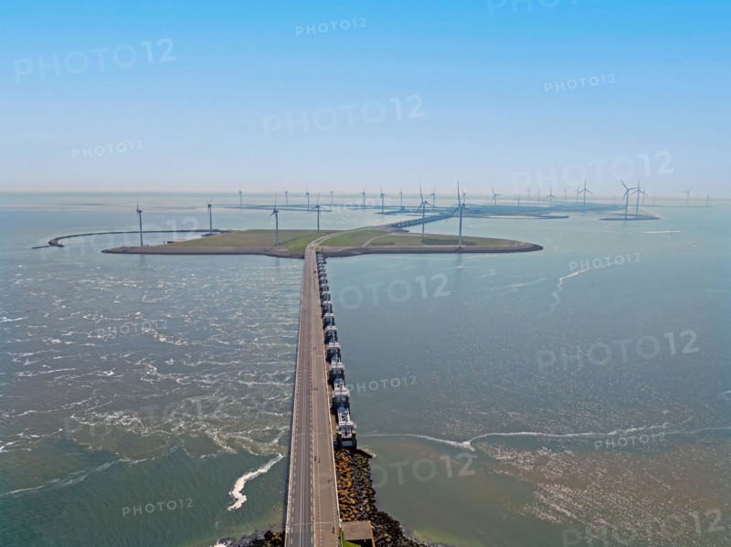 Aerial from the Oosterschelde storm surge barrier in Zeeland the Netherlands