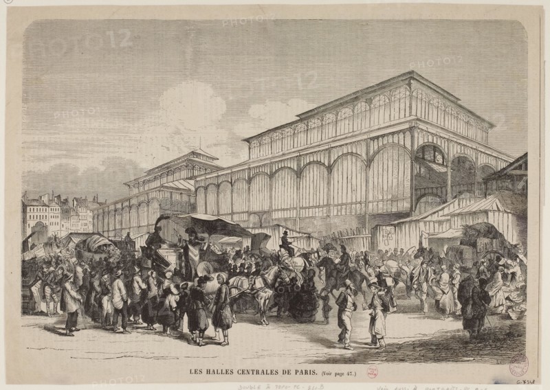 A market scene in front of the Central Halles Pavillon de Baltard, featuring a Cocos merchant, a Badaud, and a palisade. Key elements like the rag and facade add to the historical Parisian setting.