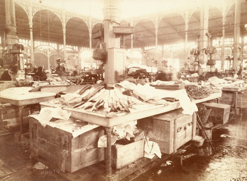 Fish display, at the Halles market, Baltard pavilion, 1st arrondissement, Paris, Atget, Eugène (Jean Eugène Auguste Atget), Photographer, In 1898, Photography, Graphic arts, Photography, Albumen print, Dimensions - Work: Height: 17.1 cm, Width: 23.3 cm, Dimensions - Original mounting:, Height: 23.9 cm, Width: 29.7 cm