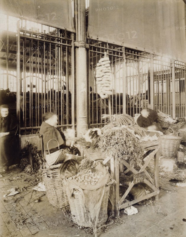 Vegetable seller, Halles market, interior of a Baltard pavilion, 1st arrondissement, Paris, Atget, Eugène (Jean Eugène Auguste Atget), Photographer, 10-1900, Photography, Graphic arts, Photography, Albumen print, Dimensions - Work: Height: 22 cm, Width: 17.5 cm