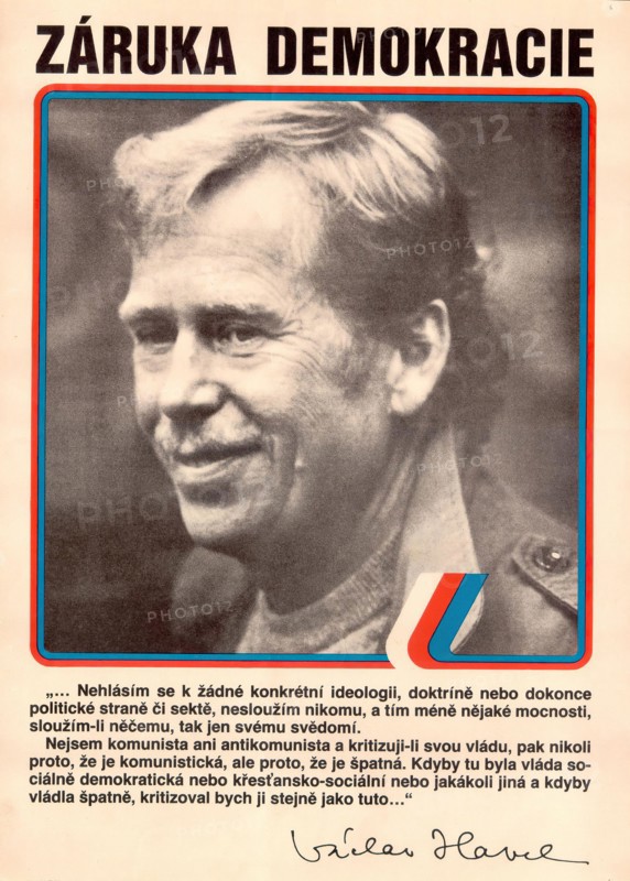 Democracy Assured - Václav Havel "?????? ??????????" A portrait of Václav Havel with a quote about not adhering to a specific ideology. The style is a simple and direct presentation, with a focus on the individual's expression and the power of the written word.