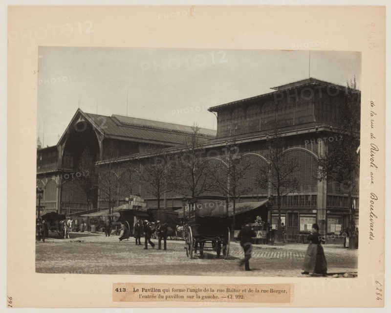 Blancard, Hippolyte (1843 - D.1924), entrance to a pavilion of the Halles, corner of rue Baltar and rue Berger, 1st arrondissement, Paris (dummy title), 1890. Platinum draw. Carnavalet museum, history of Paris.