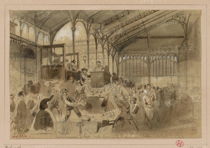 Prévost-Dumarchais, Hippolyte Adrien Démetrius (or Provost-Dumarchais), sale at the auction to the Halles (dummy title), 1870. Lead mine, wash, rehabet of watercolor. Carnavalet museum, history of Paris.
