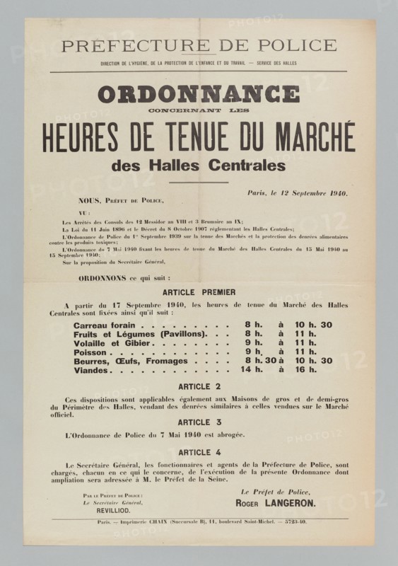 Imprimerie Chaix, Prefecture of Police/ Direction of Hygiene, Child Protection of Children and Work - Halles Service/ Order/ Regarding/ Hours of Halles Central Halles (Registered title (Letter), 1940. Typography. Carnavalet museum, history of Paris.