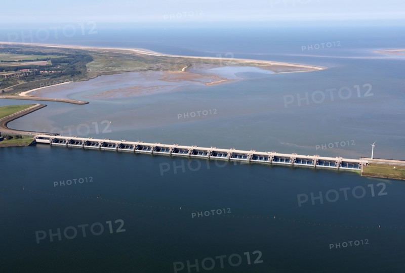 Haringvlietdam as part of the Delta Works, aerial view, Netherlands