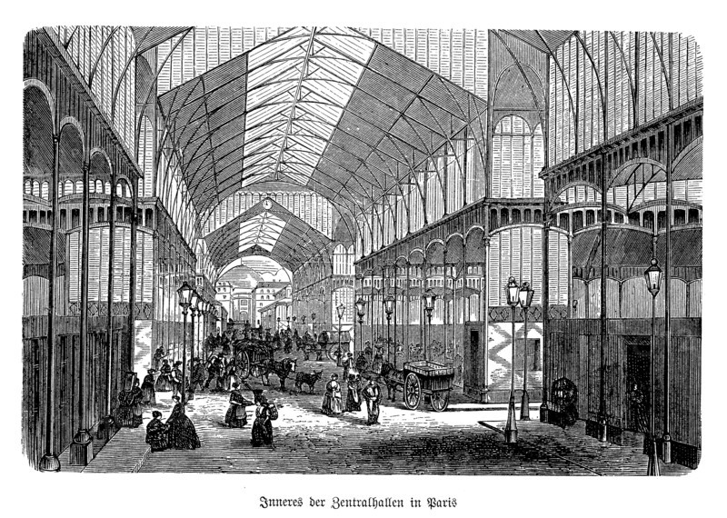 This captivating 19th-century black and white engraving portrays Les Halles Baltard in Paris, the famed central market designed by architect Victor Baltard. The artwork intricately depicts the architectural splendor of the iron-and-glass pavilions, showcasing their elegant yet functional design. Bustling with vendors and shoppers, the scene vibrantly captures the essence of Parisian market life. The detailed craftsmanship of the engraving highlights the innovative blend of traditional and modern elements, reflecting the dynamic urban culture and architectural advancements of 19th-century Paris