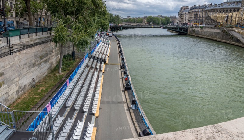Paris, France - 07 23 2024: Olympic Games Paris 2024. View the quayside of the Seine with the estrades for the opening ceremony of the Olympics