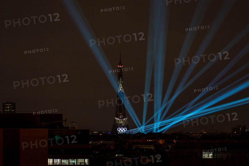 Paris, France - July 25, 2024: Eiffel tower light Rehearsal for Olympic Opening Ceremony