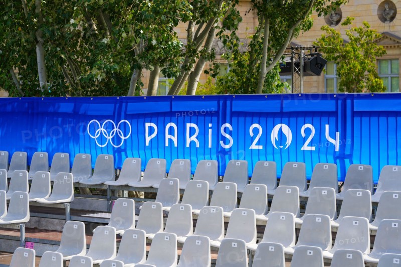 Bleachers installed on the quay of the Seine river for the public attending the Opening Ceremony of the Paris 2024 sum