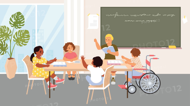 Kids group learning class at library or school classroom