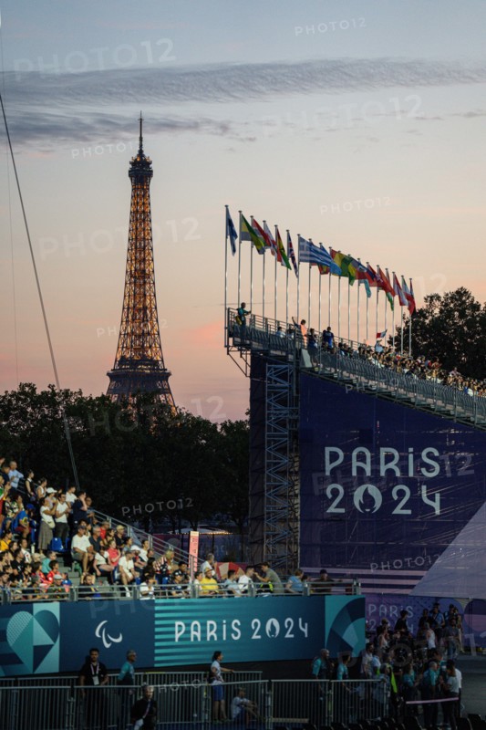 The Eiffel Tower in the background of the Opening Ceremony for the Paris Paralympics 2024, Wednesday, August 28, 2024, at the Place de la Concorde, in