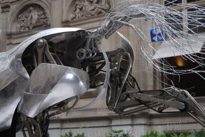 Paris, France - September 03 2024: "Zeus," the metal horse from the Paris 2024 Olympics Opening Ceremony, exhibited at the Hôtel de Ville.