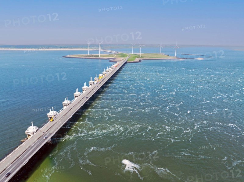 Aerial from the Oosterschelde storm surge barrier in Zeeland the Netherlands