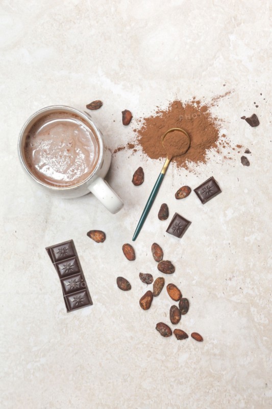 Cocoa in different presentations, hot drink, beans, powder and chocolate bar