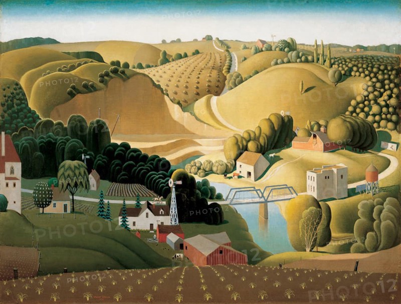 Painting of Stone City, Iowa, created in 1930 by American artist Grant Wood, depicting a rural landscape with stylized hills and buildings.