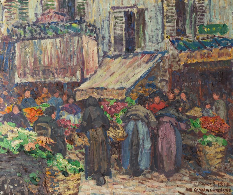 Gerda Wallander’s 1902 painting 'From Les Halles Paris' captures the bustling market scene of Les Halles, a famous food market in Paris. Wallander's skillful brushwork and attention to detail reveal the vibrancy of early 20th-century Parisian life, showcasing urban realism and daily life in Paris at the turn of the century.
