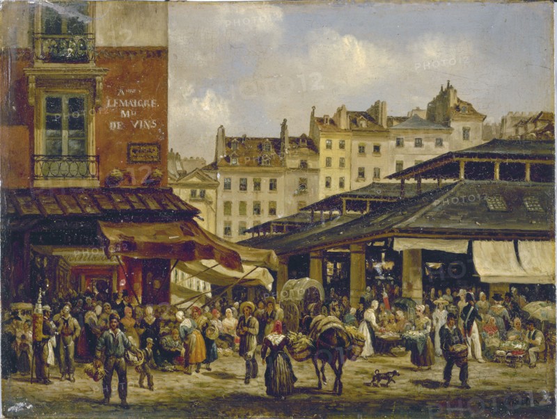 Giuseppe Canella (1788-1847). "Les Halles et la rue de la Tonnellerie". Huile sur carton. Paris, musée Carnavalet.