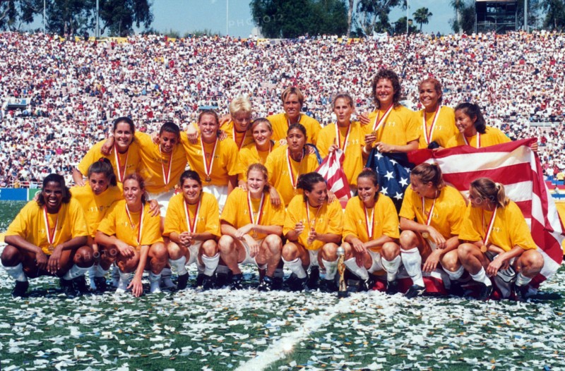 Team USA celebrates its second World Cup Finals win in the 1999 Women's FIFA World Cup.