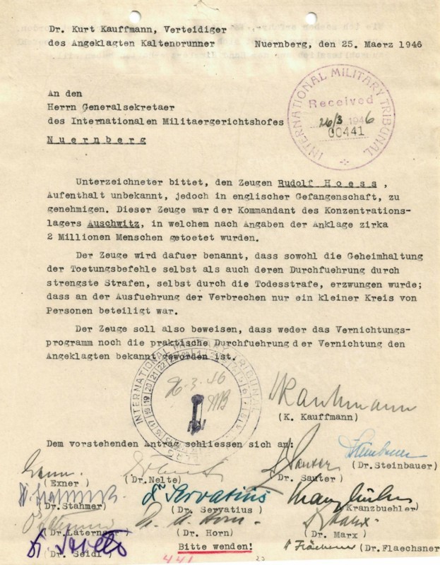 This document dated 25 March 1946 is a formal request for approval of Rudolf Höß as a witness in proceedings before the International Military Tribunal in Nuremberg. It outlines procedural steps, verification of witness status, and compliance with tribunal regulations. The record provides insight into post-World War II legal processes, Nuremberg trials administration, and historical documentation of witnesses in international law proceedings.